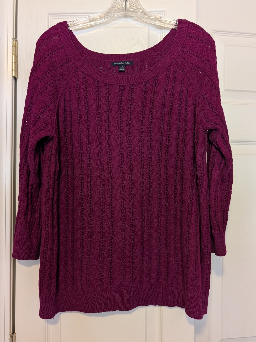 American Eagle Outfitters Raspberry Cable-Pointelle Scoop Neck Sweater